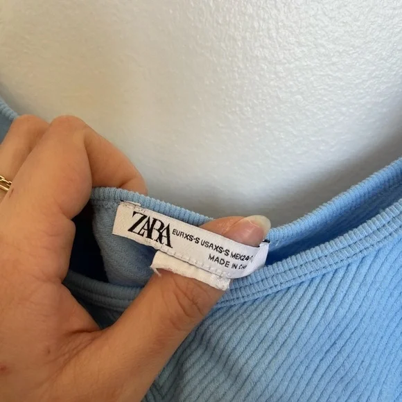 Zara Cropped Tank Top Ruffle Trim Ribbed Blue - Picture 5 of 6